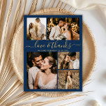 Chic Script Love and Bedankt Wedding Bedankt Pos Briefkaart<br><div class="desc">Elegant, minimalistisch Gold- en marinescript Wedding 5 Foto Collage Hartelijk dank, Briefkaart. Moderne bruiloft bedankt je sjabloon met vijf (5) foto op de voorkant en één (1) foto op de achterkant. Met de tekst "Liefde en bedankt" in een handgeschreven lettertype van typografie met letters in goud op blauw achtergrondkleur. Voeg...</div>