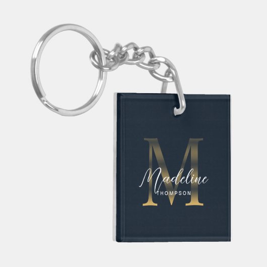 Chic Script Metallic Navy Blauw Goud Monogram Sleutelhanger (Voorkant Links)
