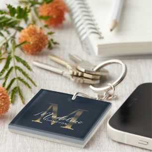 Chic Script Metallic Navy Blauw Goud Monogram Sleutelhanger