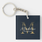 Chic Script Metallic Navy Blauw Goud Monogram Sleutelhanger (Voorkant)