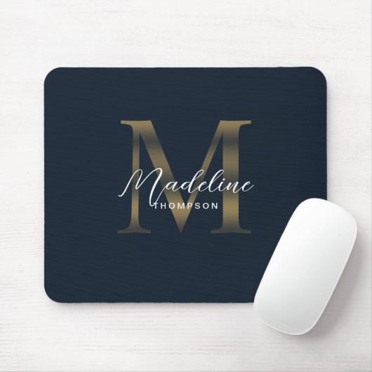 Chic Script Metallic Navy Blauwe en Gouden Monogra Muismat (Met muis)