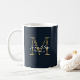 Chic Script Metallic Navy Blauwe Gouden Monogram Koffiemok