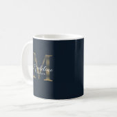 Chic Script Metallic Navy Blauwe Gouden Monogram Koffiemok (Voorkant links)