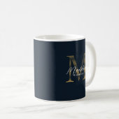 Chic Script Metallic Navy Blue Gold Monogram Koffiemok (Voorkant rechts)