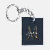 Chic Script Metallic Navy Blue Gold Monogram Sleutelhanger (Voorkant Links)