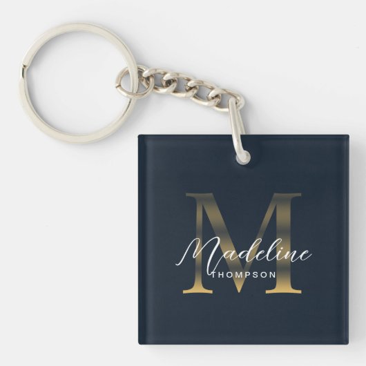 Chic Script Metallic Navy Blue Gold Monogram Sleutelhanger (Voorkant)