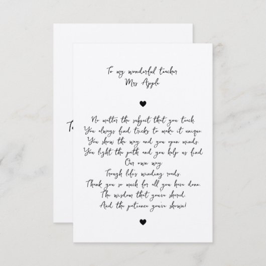 Chic Script Minimal Appreciation Poem voor leraar Bedankkaart (Voorkant / Achterkant)
