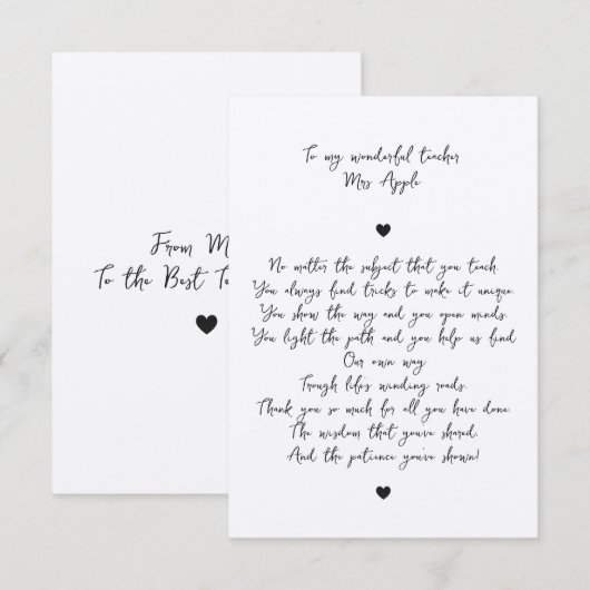 Chic Script Minimal Appreciation Poem voor leraar Bedankkaart (Voorkant / Achterkant)