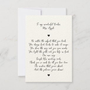 Chic Script Minimal Appreciation Poem voor leraar Bedankkaart