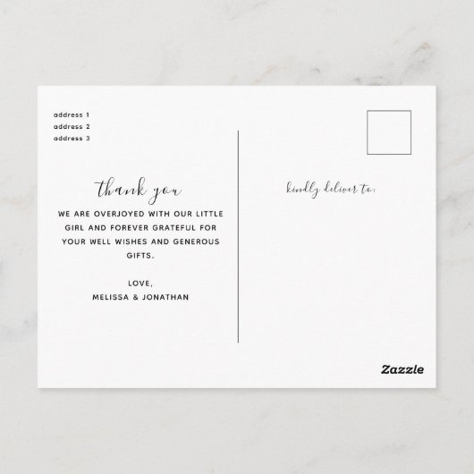 Chic Script Minimalistische Foto Nieuwe Baby Bedan Briefkaart (Achterkant)