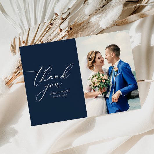 Chic script moderne bruiloft dank u fotokaart bedankkaart