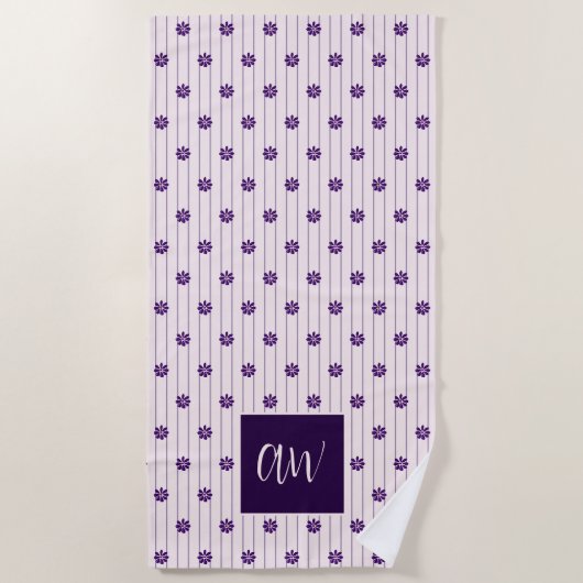Chic Script Monogram Bloemen Blush Violet Gestreep Strandlaken (Voorkant)
