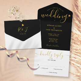 Chic Script Monogram zwart en Gold Heart Wedding All In One Uitnodiging