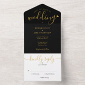 Chic Script Monogram Zwart en Goud Hart Trouwfeest All In One Uitnodiging (Binnen)