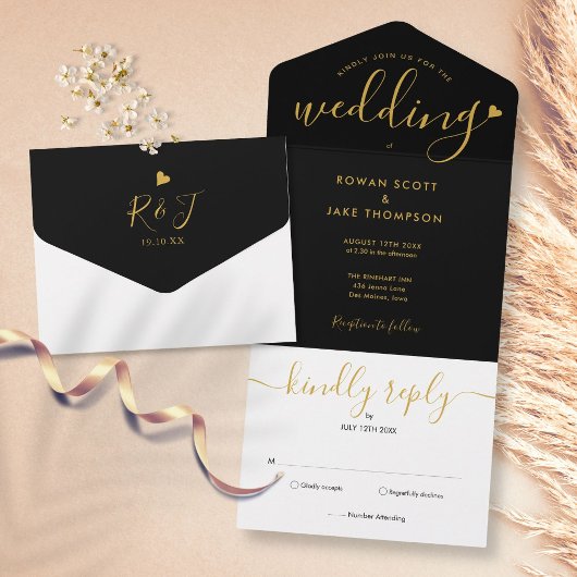 Chic Script Monogram Zwart en Goud Hart Trouwfeest All In One Uitnodiging