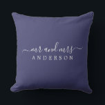Chic Script Mr. Mrs Navy Blue Pas getrouwd Monogra Kussen<br><div class="desc">Een moderne monogrammed marineblauwe kussen met de tekst Mr. en Mrs. in wit elegant schrift. Voeg gewoon je getrouwde naam toe. Perfect geschenk voor het pas gehuwde paar. Exclusief voor u ontworpen door Happy Dolphin Studio. Neem contact met ons op via happydolphinstudio@outlook.com als je hulp of overeenkomende producten nodig hebt....</div>