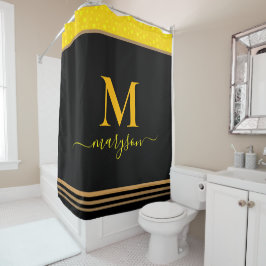 Chic Script Naam & Monogram, Elegant Zwart & Goud Douchegordijn
