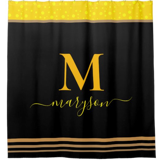 Chic Script Naam & Monogram, Elegant Zwart & Goud Douchegordijn (Voorkant)