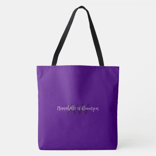 Chic Script Naam & Monogram Solid Indigo Paarse Tote Bag (Voorkant)