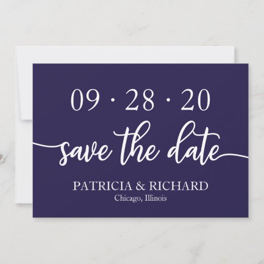 Chic Script Navy Blue Huwelijk Save The Date Kaart (Voorkant)