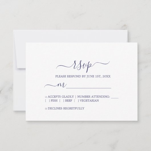 Chic Script Navy Blue Minimal Wedding RSVP Kaartje (Voorkant)