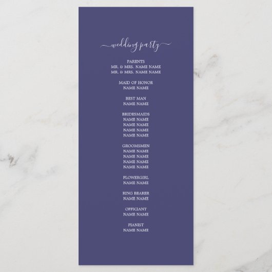 Chic Script Navy Blue Simple Minimal Wedding Programmakaart (Achterkant)
