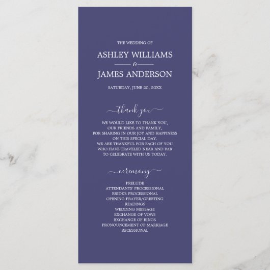 Chic Script Navy Blue Simple Minimal Wedding Programmakaart (Voorkant)