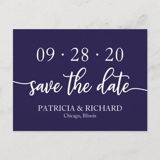 Chic Script Navy Blue Wedding Save the Date Briefkaart (Voorkant)