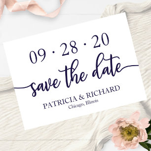 Chic Script Navy Blue White Trouwdag Save The Date Kaart