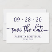 Chic Script Navy Blue White Trouwdag Save The Date Kaart (Voorkant)
