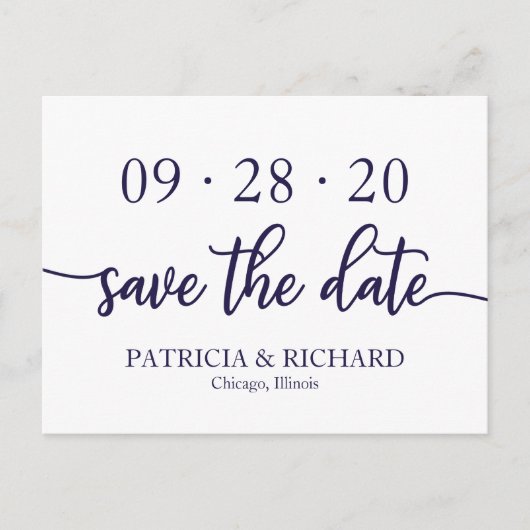 Chic Script Navy Blue White Wedding Save the Date Briefkaart (Voorkant)