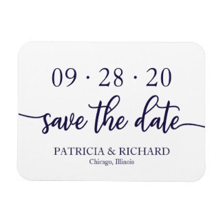 Chic Script Navy Blue White Wedding Save the Date Magneet