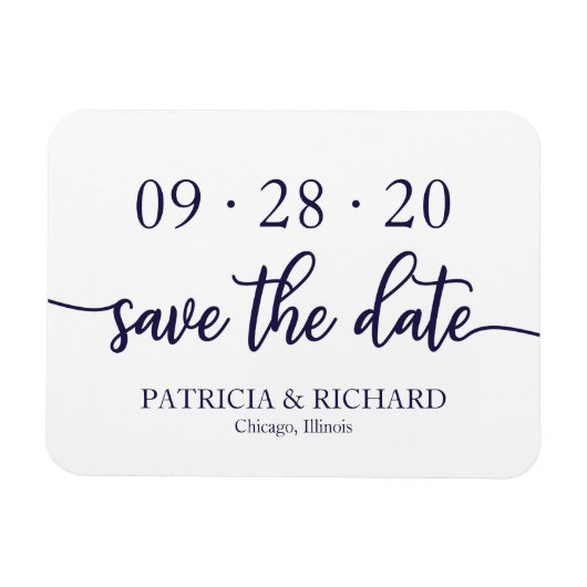 Chic Script Navy Blue White Wedding Save the Date Magneet (Horizontaal)