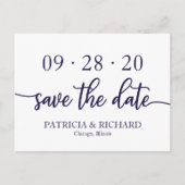 Chic Script Navy Blue Witte Trouw Save The Date Briefkaart (Voorkant)
