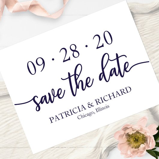 Chic Script Navy Blue Witte Trouw Save The Date Briefkaart