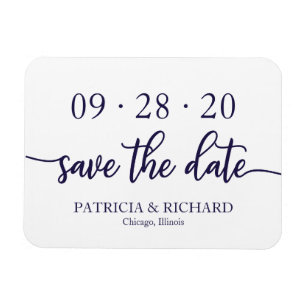 Chic Script Navy Blue Witte Trouwdatum Bewaren Magneet