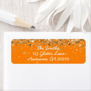 Chic Script Oranje Glitter Bruiloft Retouradres Etiket