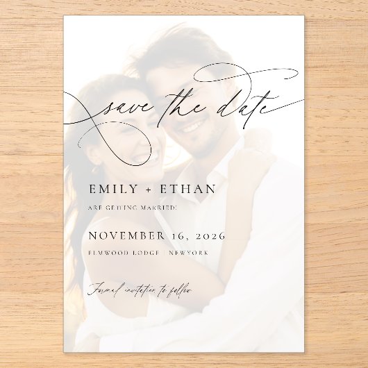 Chic Script Overlay Foto Huwelijk Save The Date Acryl Uitnodigingen (Voorkant)
