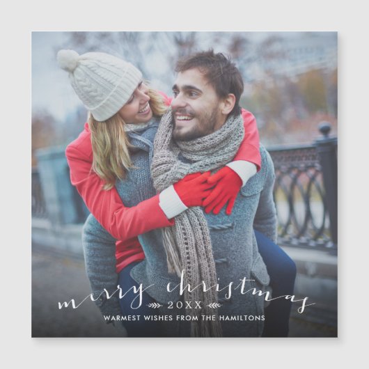 Chic Script Overlay Magnetic Christmas Photo Card (Voorkant)