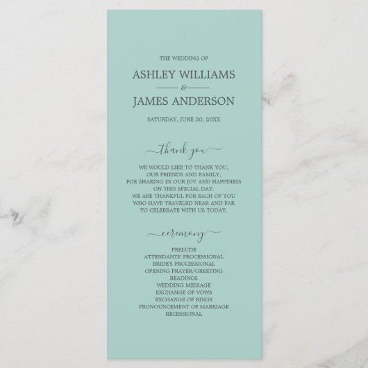 Chic Script Pastel Blue Simple Minimal Wedding Programmakaart (Voorkant)