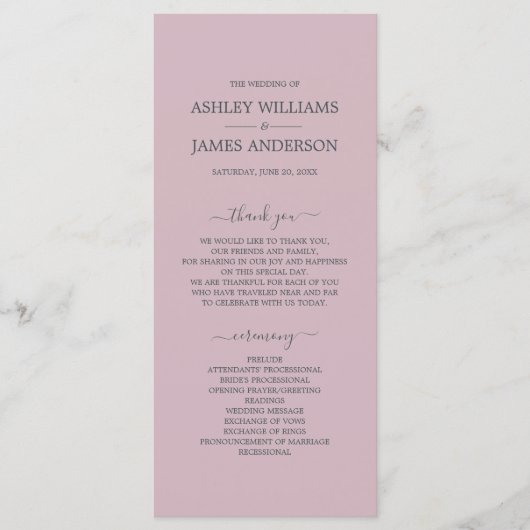 Chic Script Pastel Paars Eenvoudig Minimaal Huweli Programmakaart (Voorkant)