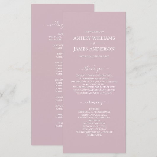 Chic Script Pastel Paars Simple Minimal Wedding Programmakaart (Voorkant / Achterkant)