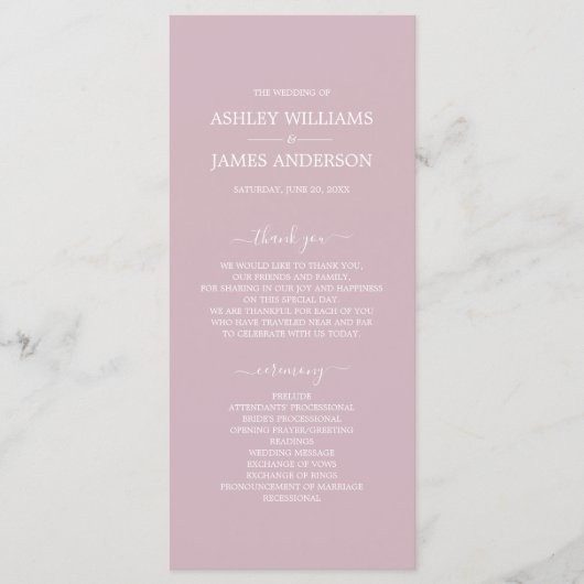 Chic Script Pastel Paars Simple Minimal Wedding Programmakaart (Voorkant)