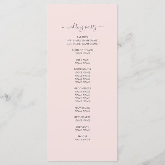 Chic Script Pastel Roze Eenvoudige minimale bruilo Programmakaart (Achterkant)