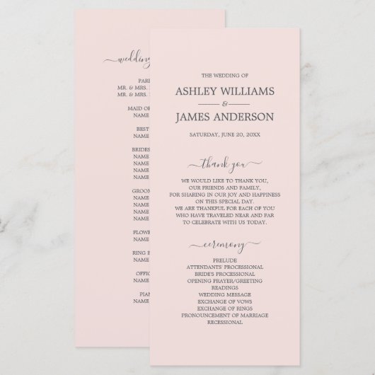 Chic Script Pastel Roze Eenvoudige minimale bruilo Programmakaart (Voorkant / Achterkant)