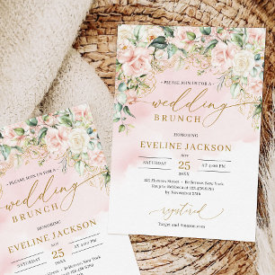 Chic script pastel roze rozen salie bruiloft brunc kaart