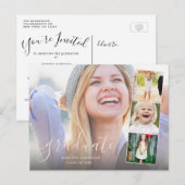 Chic Script Photo Collage Afstudeerfeest Uitnodige Briefkaart (Voorkant / Achterkant)
