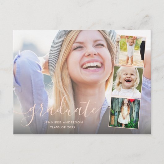 Chic Script Photo Collage Afstudeerfeest Uitnodige Briefkaart (Voorkant)