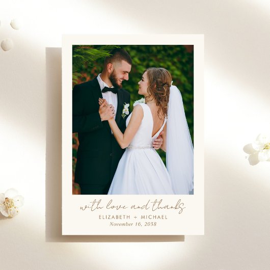Chic Script Photo Cream Gold Wedding Bedankkaart