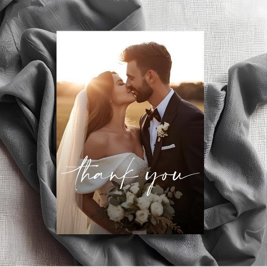 Chic Script Photo Overlay Wedding  Thank You Card Bedankkaart